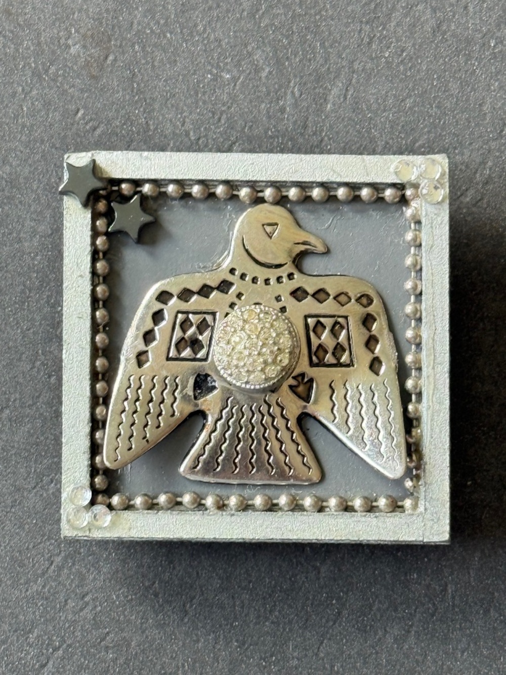 HANDMADE UPCYCLED VINTAGE Silver Thunderbird Button Cover Brooch Western
